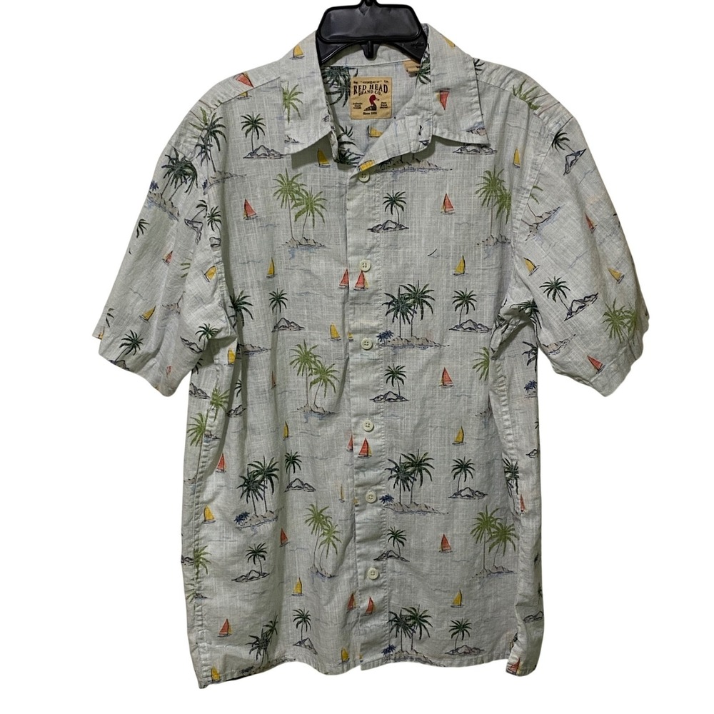 Reverse Screen Print Mens Hawaiian Shirt M Cruise Golf Palm Tree Island Sailboat